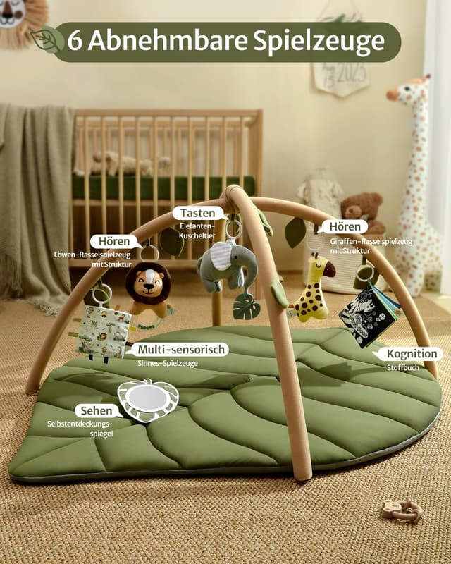 Detalle de Blissful Diary Baby-Spielbogen mit Activity-Playmatte „Waldgrün“ und 6 abnehmbaren Spielzeugen (Übergroßes Blatt, 135 × 94 × 2,5 cm)