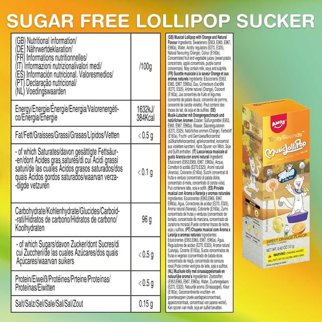 Detalle 2 de AMOS Musik-Lutscher Audio Lollipop (1 Stück, Orange) – zuckerfrei, glutenfrei, einzeln verpackt