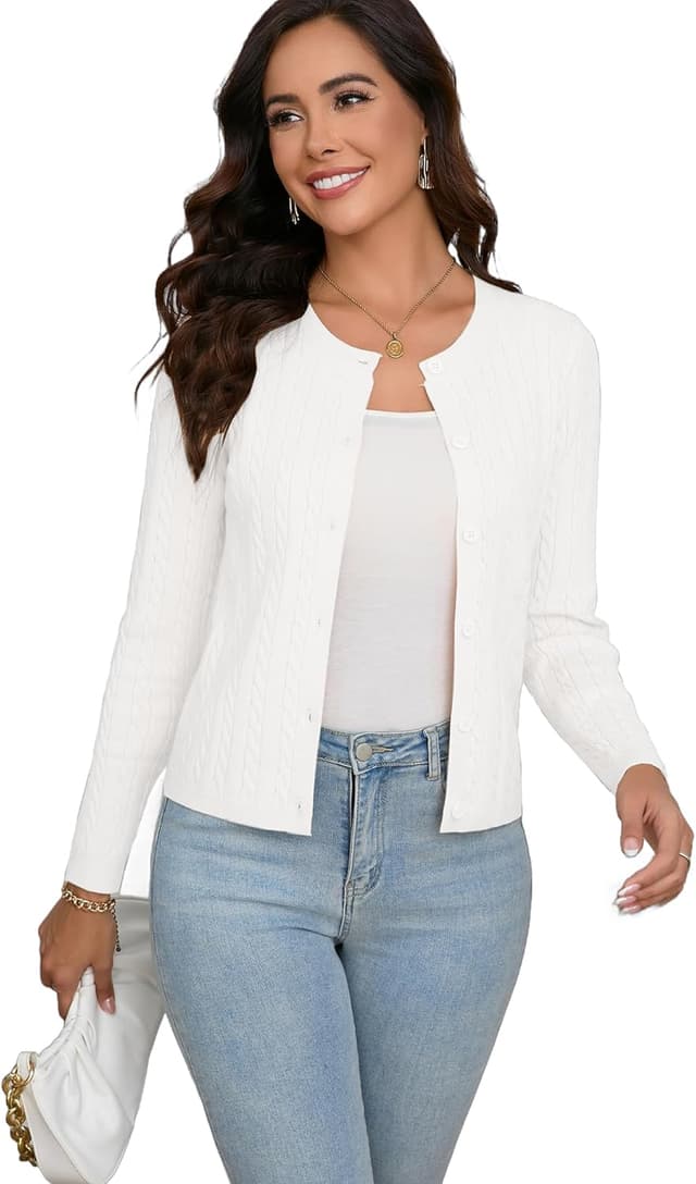 Detalle de Dosieyeo Damen Strickjacke Elegant mit Zopfmuster – kurzarmarmiger Cardigan mit Knopfleiste (Rundhals)