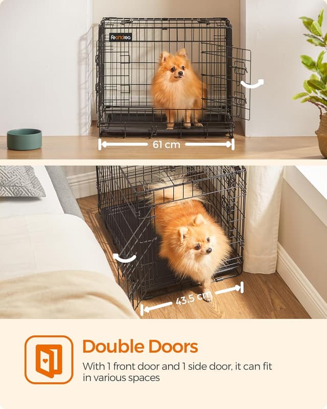 Detalle de Feandrea Dog Crate PPD024B01 (S) foldable dog cage with 2 doors, removable tray, 61 x 43.5 x 50.5 cm, black