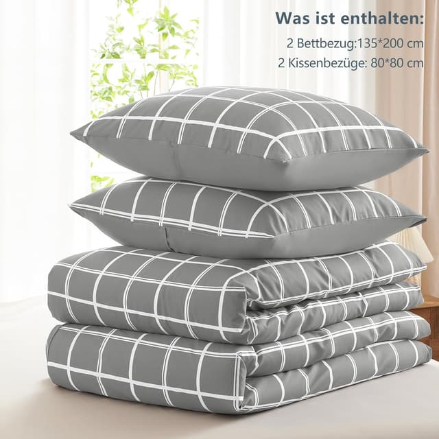 Thumbnail 6 de WAVVE Bettwäsche 135x200 4-teilig (Mikrofaser) Grau mit Karo-Muster, Wendebettwäsche, mit Reißverschluss