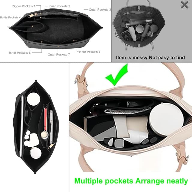 Detalle de HYEPNED Bag Wallet Insert Organizer (Black M) – Felt multi-pocket tote insert for Longchamp