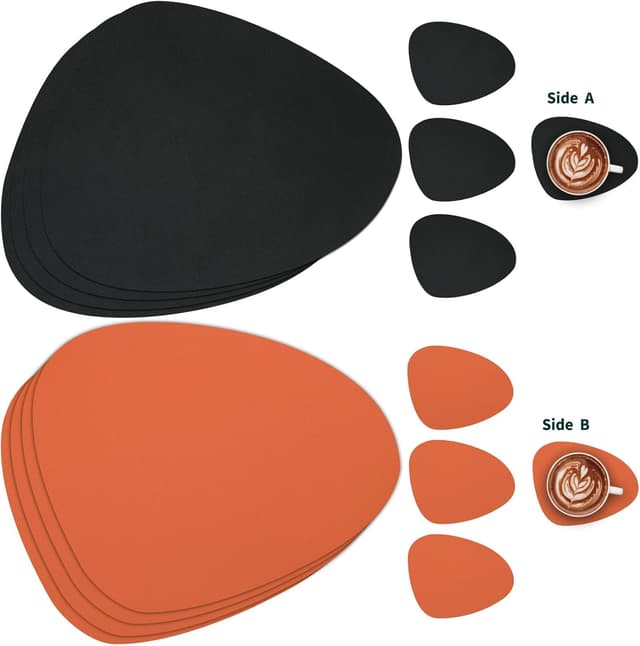 Detalle de Myir JUN Tischsets aus Kunstleder (PVC) mit Untersetzern, doppelseitig, abwaschbar – Set mit 6, Schwarz/Orange