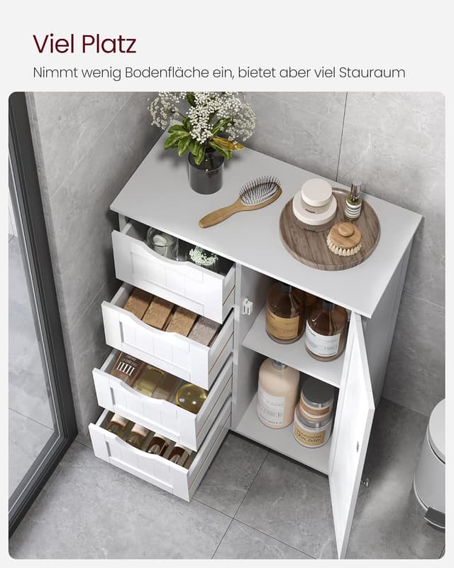 Detalle de VASAGLE Badezimmerschrank LHC41W mit 4 Schubladen, Tür & verstellbarer Ablage (30 x 55 x 82 cm) – schmaler Badschrank