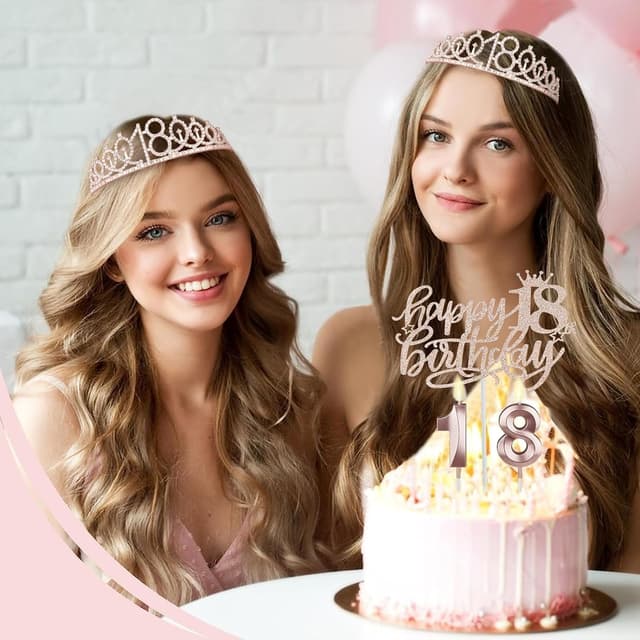 Detalle de 18th Birthday Decorations for Girls Set – Rose Gold 18 Tiara & Sash, Cake Topper, Candles, 18 Balloons