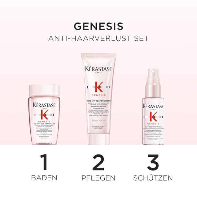Detalle de Kérastase Genesis Pflegeroutine Probierset mit Shampoo, Haarspülung & Hitzeschutzspray für feines, brüchiges Haar