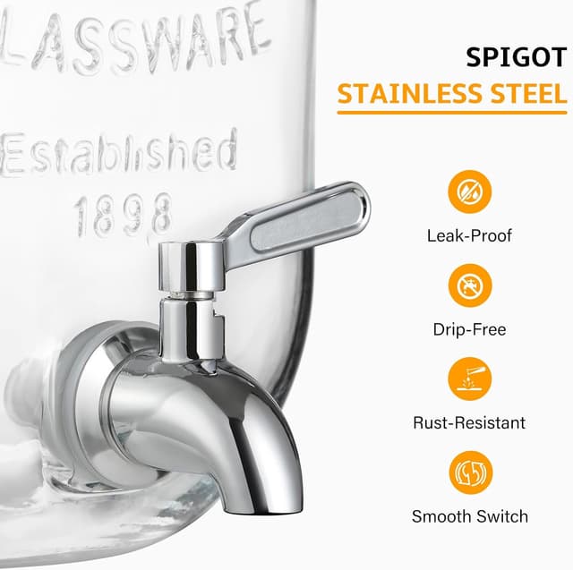 Detalle de 2 Gallon Glass Beverage Dispenser with 18/8 Stainless Steel Spigot and Lid