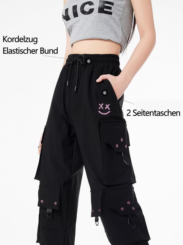Detalle de CLOAKA Damen-Cargohose „High Waist“ im Techwear/Y2K-Gothic-Look mit Stretch & Kordelzug