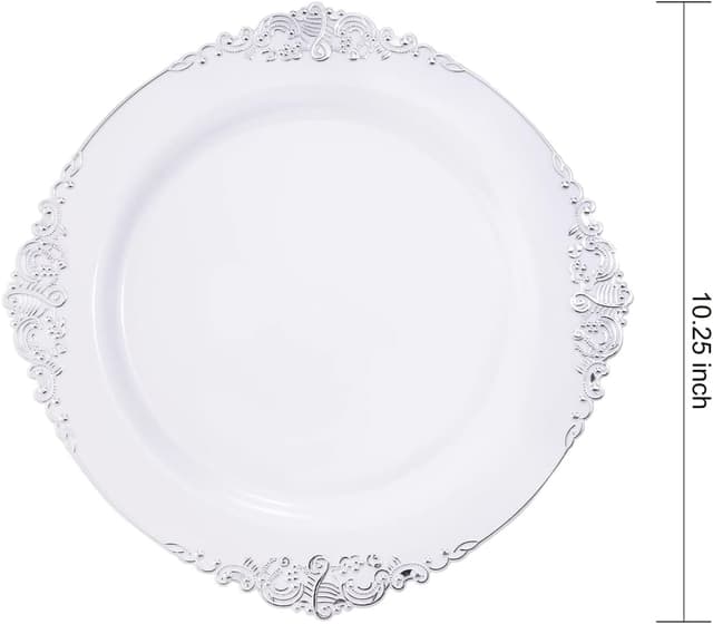 Detalle 2 de Hioasis 100pcs White Silver Plastic Plates (10.25in) — Disposable Heavy-Duty Dinner Plates for Thanksgiving and Holiday Gatherings