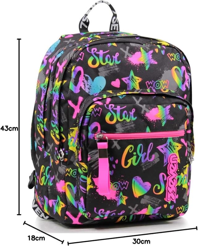 Detalle de Seven Zaino New Fit Rosa e Nero Fantasy Black, doppio scomparto da scuola e viaggio