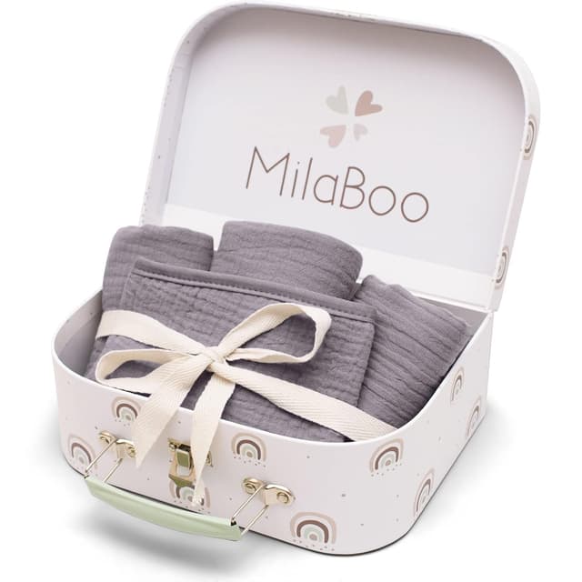 Detalle de Milaboo® 4er Set Lätzchen Baby Geschenkset zur Geburt (Dunkelgrau) aus 100% Bio-Baumwolle