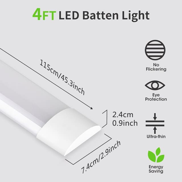 Detalle de HUMIGA 2 Pack 4FT LED Batten Light (40W, 3600LM) – 4000K Neutral White Slim Tube for Indoor Ceilings