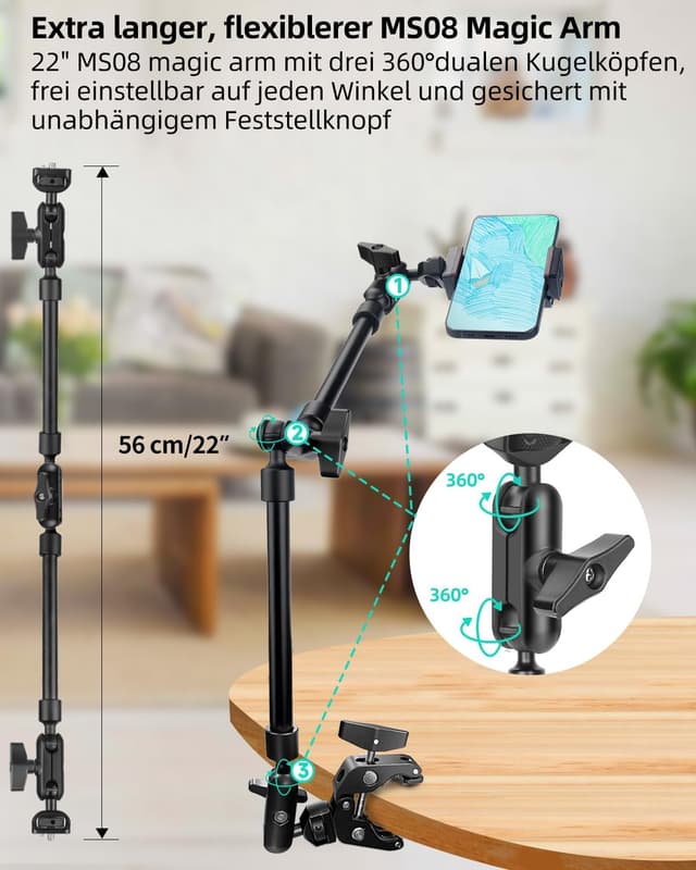 Detalle de JEBUTU 22"/56 cm Magic Arm mit Super Clamp – flexibles Tischstativ mit 1/4" Gewinde, schwarz