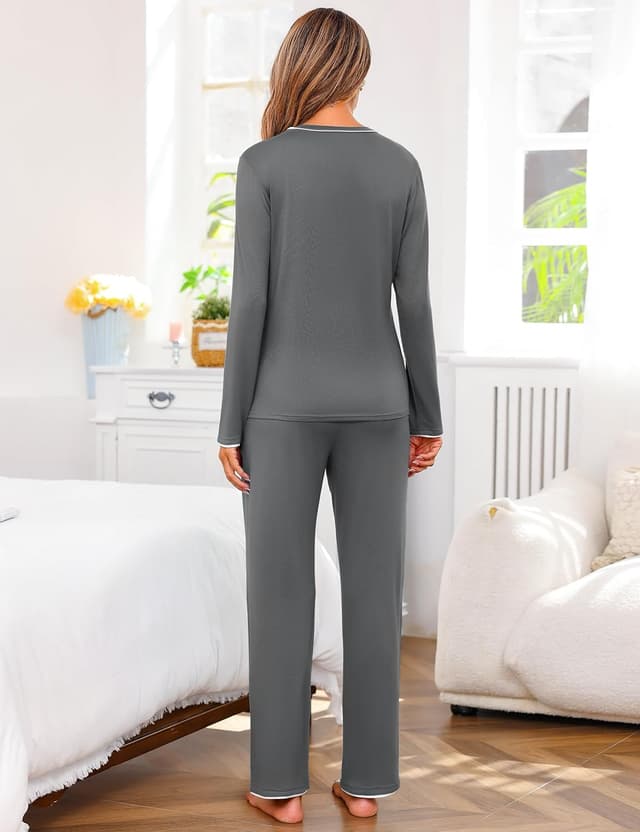 Thumbnail 6 de Demegimi Damen-Langschlafanzug aus Baumwolle mit V-Ausschnitt oder Rundhalsausschnitt