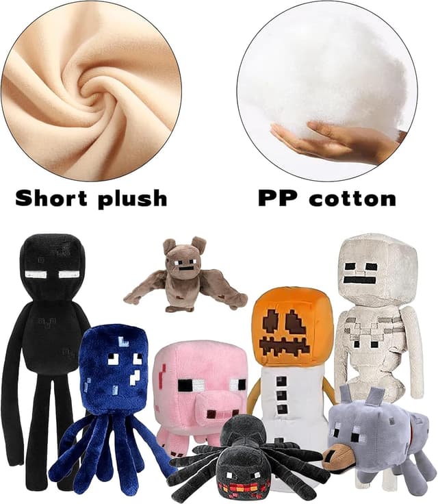 Detalle de XSLWAN 8-Pack Minecraft-Style Plush Set (Snow Golem, Enderman, Baby Wolf, Baby Pig, Spider, Bat, Skeleton Shooter, Squid)