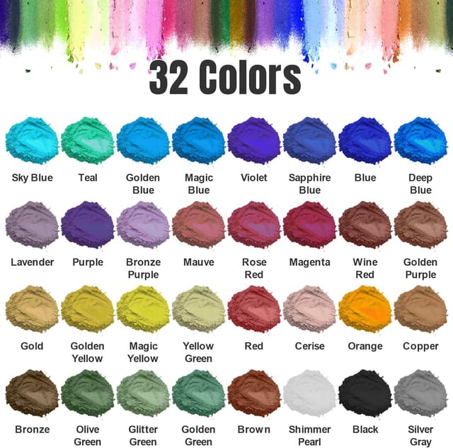 Detalle de Roizefar Mica Powder (32 colours x 5 g) pearlescent epoxy resin pigment for soap, candles, nails & more