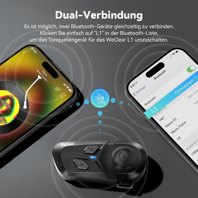 Detalle de WeClear L1 Motorradhelm Headset (Bluetooth 5.3) ohne Intercom, 40-mm HiFi-Lautsprecher, IP67