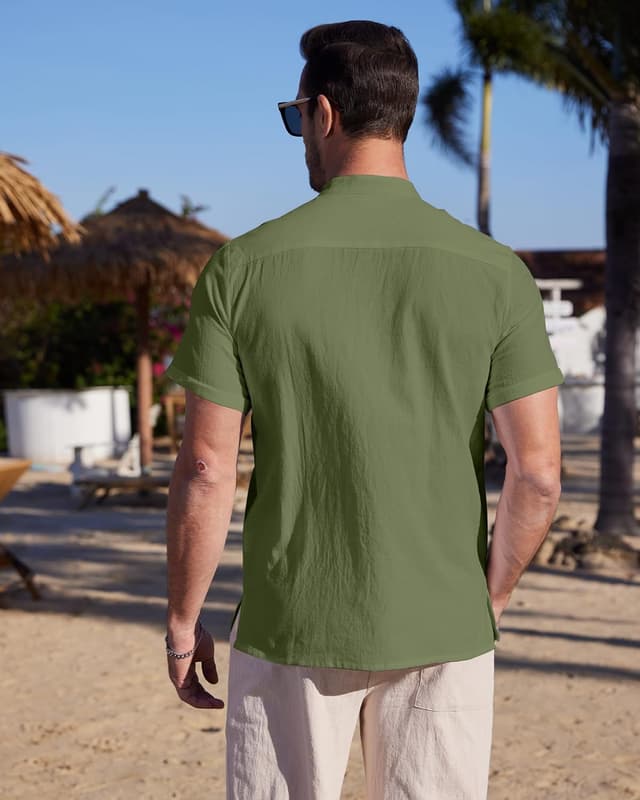 Detalle de YAOBAOLE Chemise en lin et coton pour homme à manches courtes, boutons et col mao