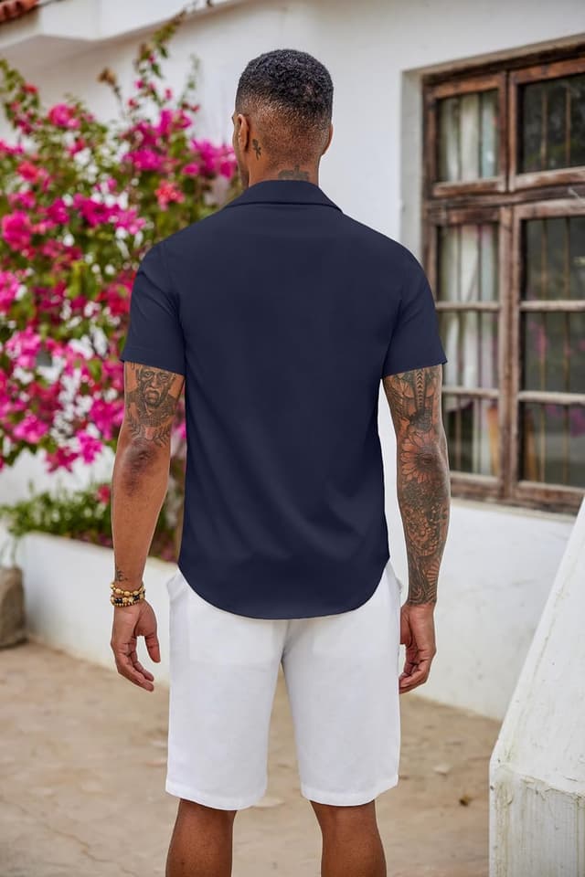 Detalle de COOFANDY chemise à manches courtes homme, coupe ajustée infroissable et extensible, style habillé-décontracté pour l’été