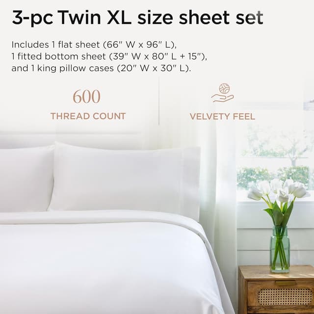 Detalle de Threadmill Home Linen 600 Thread Count Twin XL 100% Cotton Sateen Sheet Set (15” Deep Pocket, Cooling Effect) — White