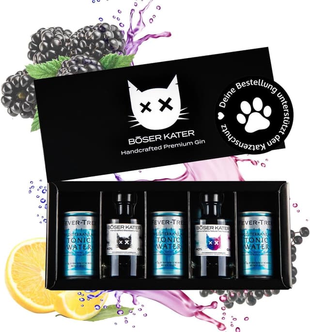 Detalle de BÖSER KATER Farbwechsel Gin Tasting-Set in Geschenkbox (für bis zu 5 Personen) mit 100-ml Miniaturen