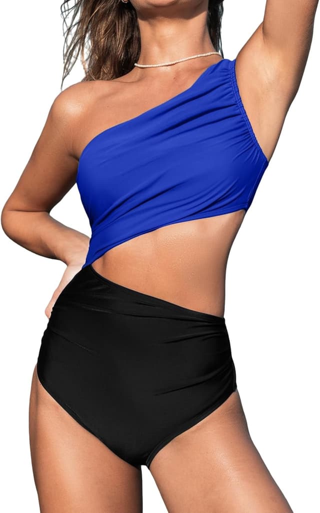 Thumbnail 6 de CUPSHE Costume da bagno intero da donna monospalla color block con ritaglio laterale increspato