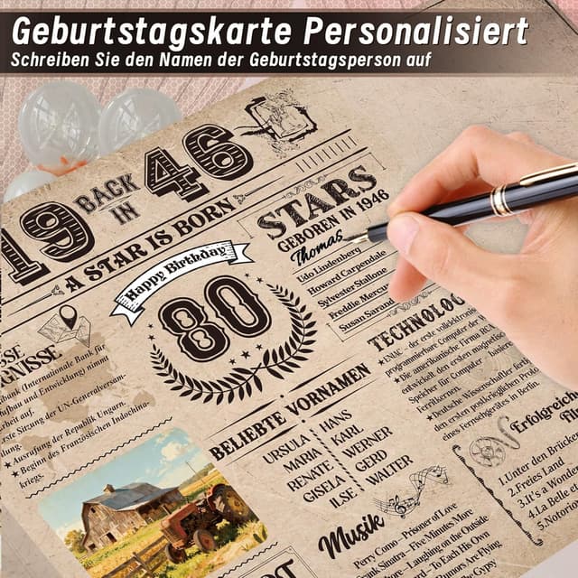 Detalle 2 de Thboxes Geburtstagskarte zum 80. Geburtstag „Back in 1946“ – Retro-Grußkarte mit Platz zum Personalisieren