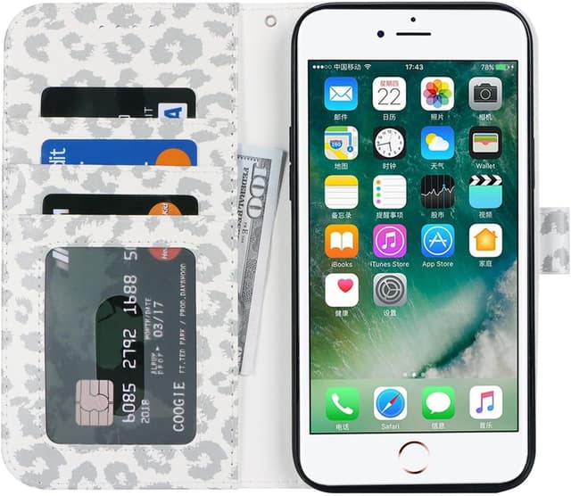 Detalle 2 de Zouzt PU Leather Wallet Case for iPhone 8 Plus / 7 Plus (5.5-inch) with Credit Card Slots & Adjustable Kickstand – White Leopard
