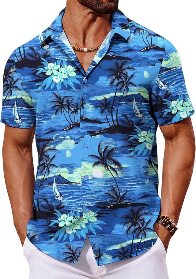 Detalle de COOFANDY Hawaii Hemd für Herren – Kurzarm Sommerhemd im tropischen Blumen-/Aloha-Design