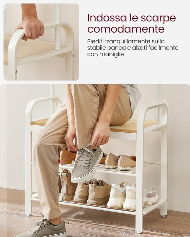 Detalle 2 de VASAGLE Appendiabiti con scarpiera HSR40W: mobile 4 in 1 da ingresso con panca e 9 ganci