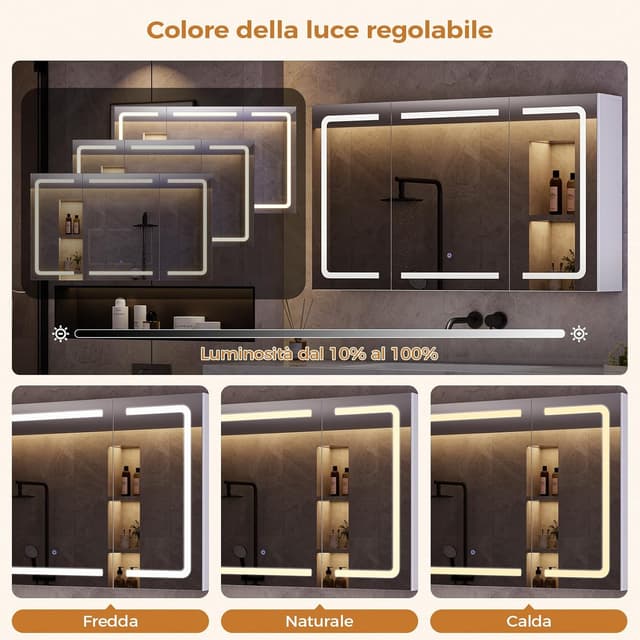 Detalle de Mojiasion Specchio Bagno LED sospeso 100x60 cm con 3 ante e presa integrata, 3 luci regolabili e memoria luminosità