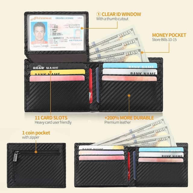 Detalle de GAEKEAO ultrathin RFID blocking bifold leather wallet with ID window and zip coin pocket