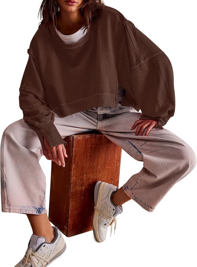 Detalle 1 de Zwurew Womens Casual Crewneck Sweatshirt Pullover (Long Sleeve, Side Slit, Loose Fit Crop Tee)