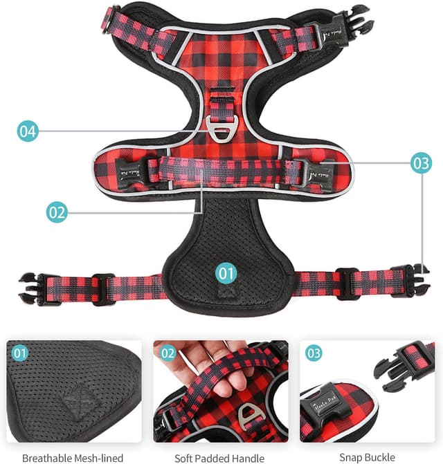 Detalle 2 de HEELE Dog Harness No-Pull (Release on Neck) with Reflective Stripes & 2 Leash Attachments – XL
