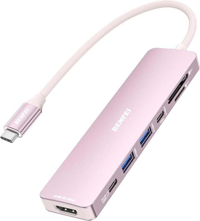 Detalle de BENFEI 7-in-1 USB-C Hub mit HDMI 4K@60Hz, 100W Laden, SD/TF-Kartenleser & 2x USB-A
