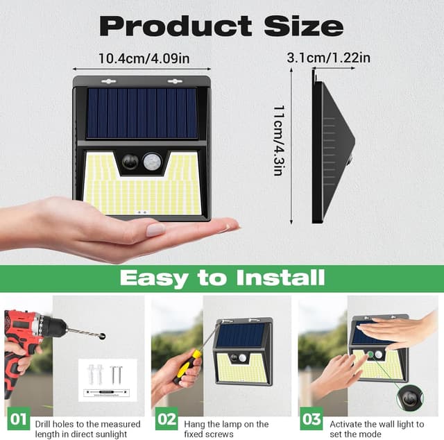 Detalle 2 de LOTMOS Set da 3 faretti LED solari da esterno con sensore di movimento e IP65 (176 LED, 3 modalità), bianco caldo