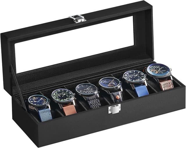 Detalle de SONGMICS JWB06B01 6-Slot Watch Box with Glass Lid and Removable Pillows