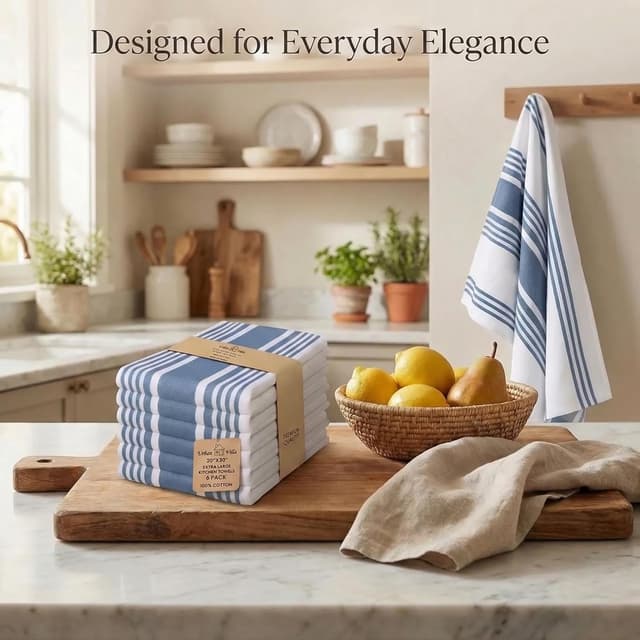 Detalle de Urban Villa Kitchen Towels Set (Blue & White Striped) — 100% Cotton Dish Cloths, Set of 6, 20x30 Inch
