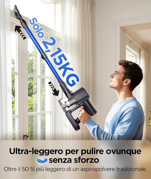 Detalle de VersLife Z8 Aspirapolvere Senza Fili 40KPa con filtro HEPA e luce LED verde, autonomia 45 min