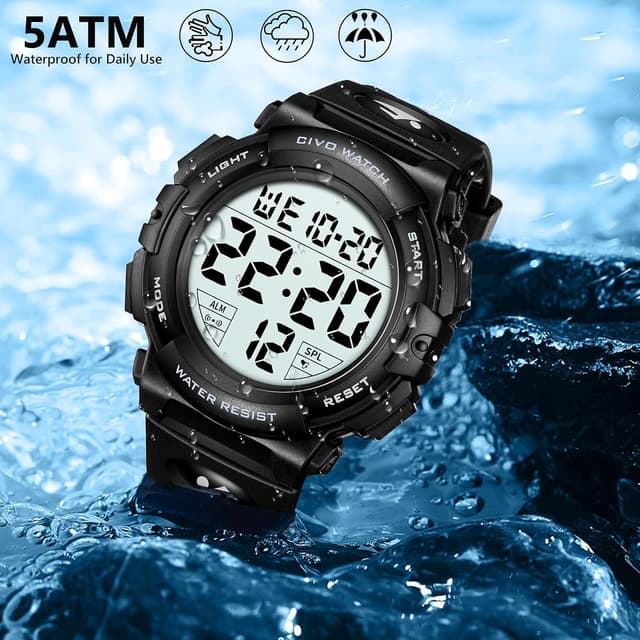 Detalle 1 de CIVO Mens Digital Sports Watch with Military-Style Big Numbers, 50m Waterproof & LED Backlight