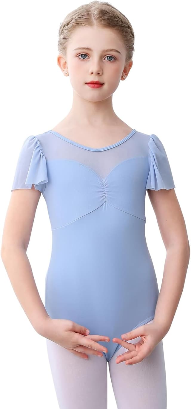 Detalle de Bezioner Ballet Leotards for Girls (2–10 Years) with Puff Sleeves – Dance & Gymnastics Outfit
