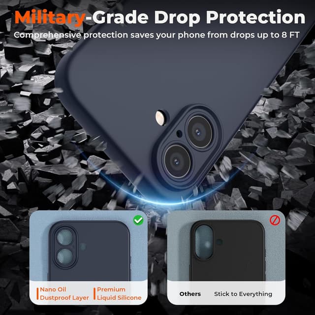 Detalle 2 de SUPFINE iPhone 16 Plus Case in Midnight Blue: liquid silicone, slim shockproof protection