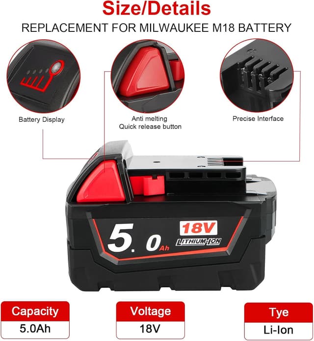 Detalle de Powarobor 2 pezzi M18 B5 18V 5,0 Ah batteria di ricambio per Milwaukee M18 High Output 48-11-1850