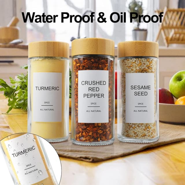 Detalle 2 de AISIPRIN Glass Spice Jars Set (24 x 4oz) with Bamboo Airtight Lids, 398 Labels, Funnel, Brush & Marker