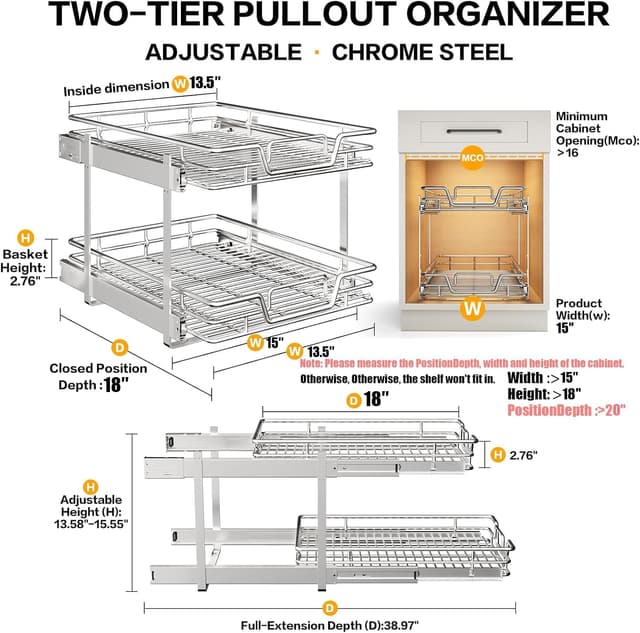 Detalle 2 de QUYUWU 2-Tier Stainless Steel Pull-Out Kitchen Cabinet Shelf & Drawer Organizer (15" W x 18" D)