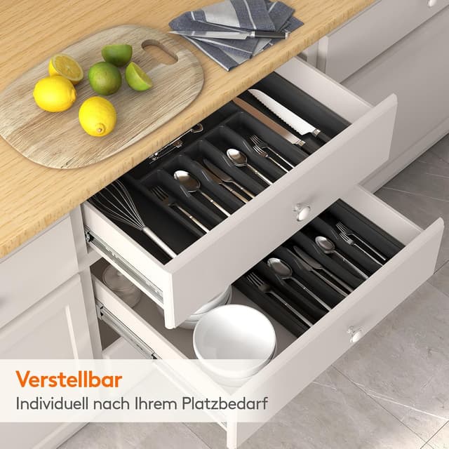 Detalle 1 de Lifewit Besteckkasten für Schubladen (40–50) – verstellbarer Küchen-Organizer, erweiterbar bis 57 cm, 6–8 Fächer, Schwarz