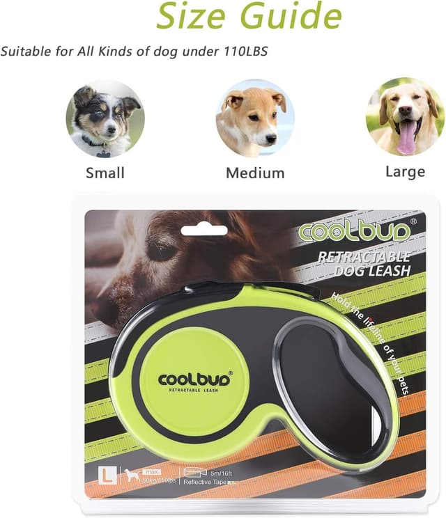 Detalle de Hurluksi Retractable Dog Lead 5m / 16ft Extendable (Up to 50kg) with Anti-Slip Handle and Quick Brake (Green)