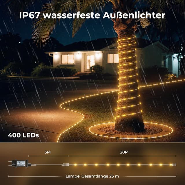 Detalle de LED Schlauch 20 m mit 400 LEDs für außen – Lichterkette IP67, 8 Modi, dimmbar mit Fernbedienung & Timer