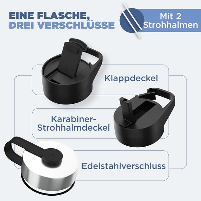 Detalle de Edelstahl Trinkflasche mit Strohhalm (BPA-frei, doppelwandig isoliert) – 650/950/1.200/1.800 ml, kohlensäuregeeignet