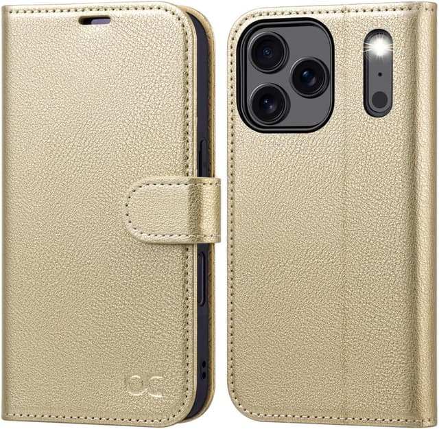 Detalle de OCASE Hülle für iPhone 17 Pro Max 5G mit Kartenfach, Magnetverschluss, RFID-Blocker und Standfunktion (Gold)